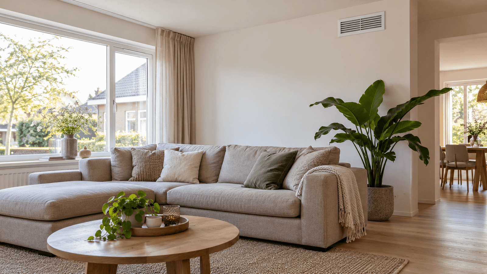 Lichte woonkamer met een discreet ventilatierooster